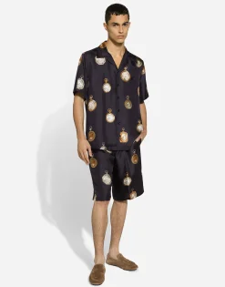 Silk twill Hawaiian shirt with watch print