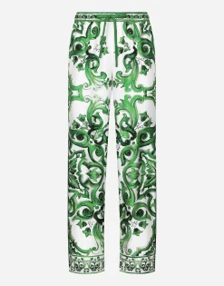 Silk twill jogging pants with majolica print
