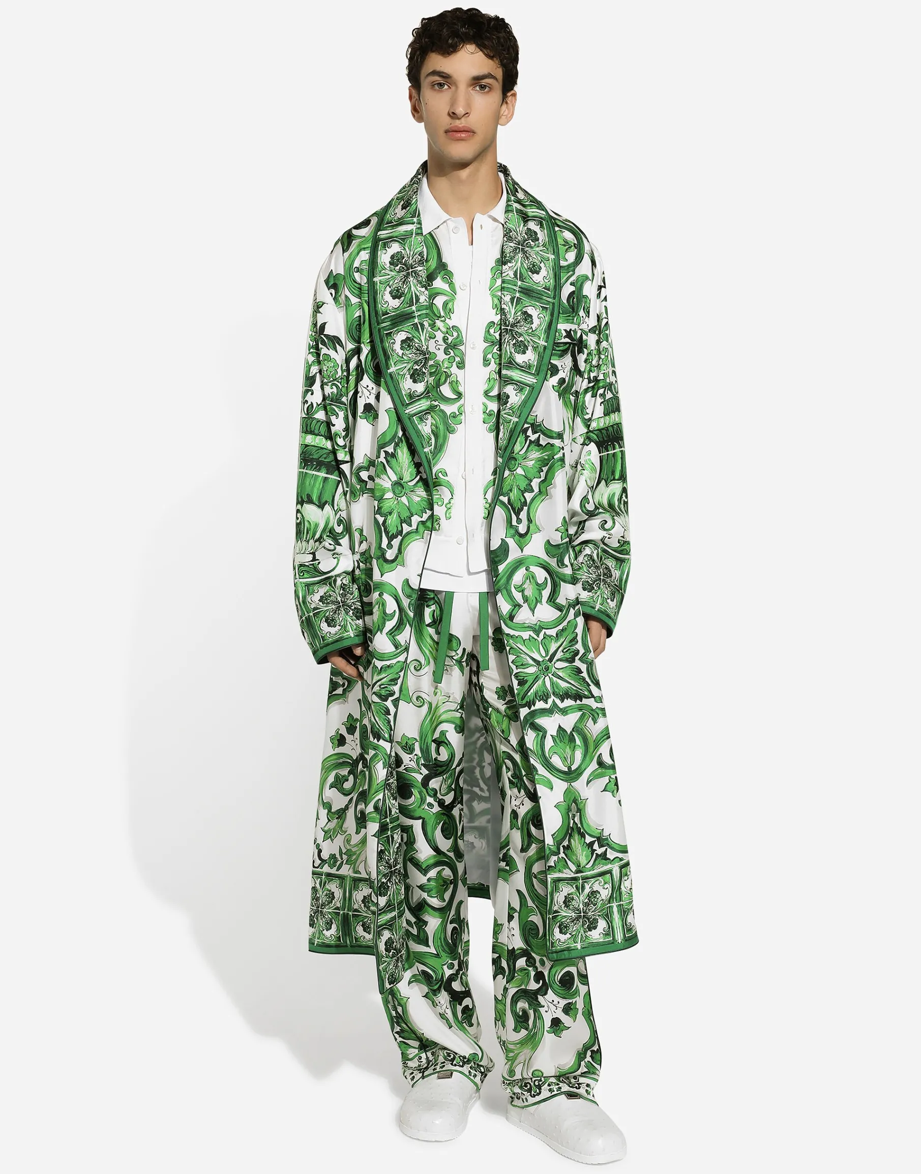 Silk twill jogging pants with majolica print