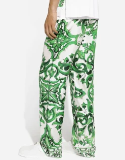 Silk twill jogging pants with majolica print