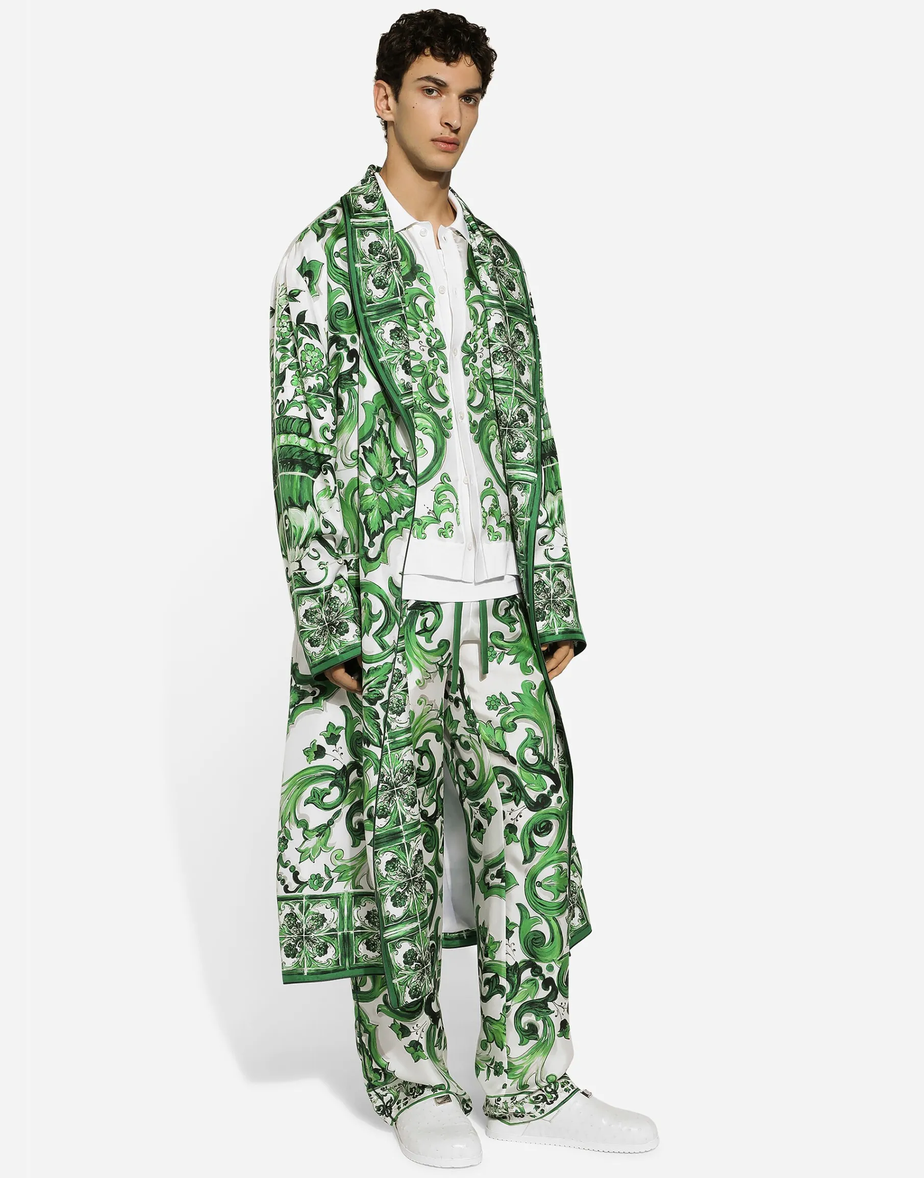 Silk twill jogging pants with majolica print