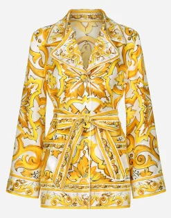 Silk twill pajama shirt with majolica print