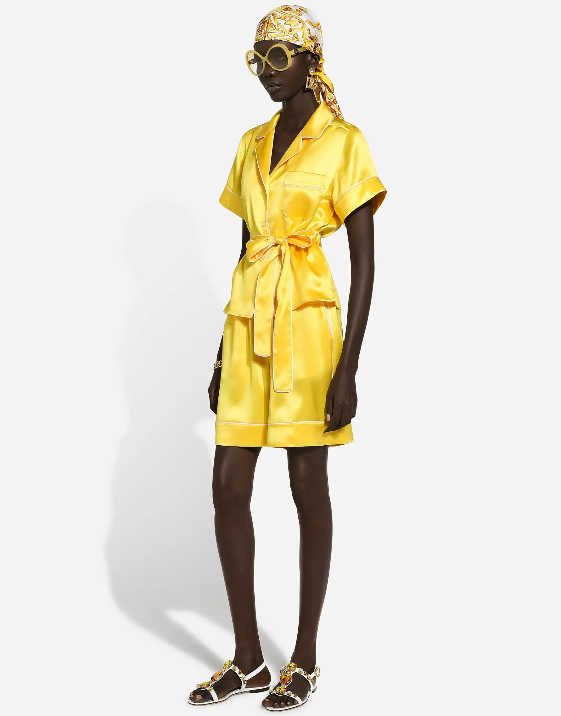 Silk twill pajama shirt with belt