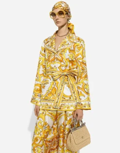 Silk twill pajama shirt with majolica print