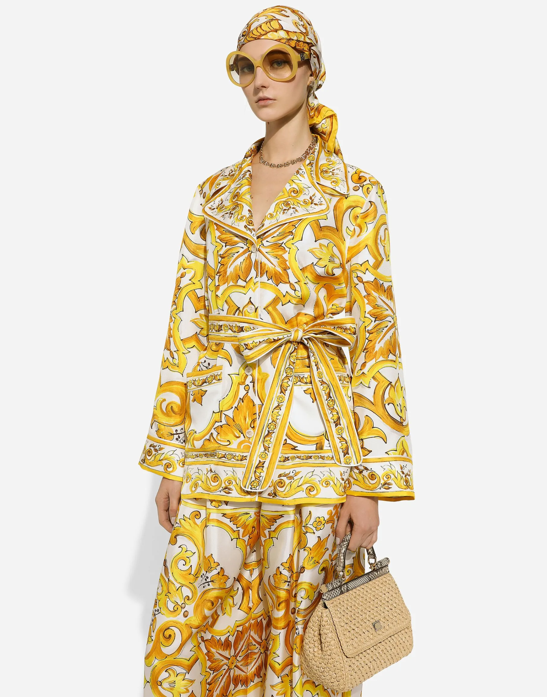 Silk twill pajama shirt with majolica print