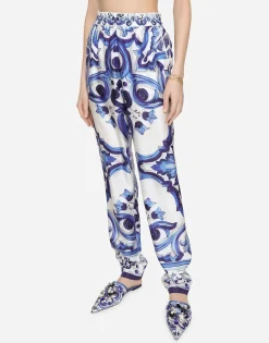 Silk twill pants with majolica print