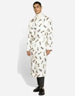 Silk twill robe with chess-piece print