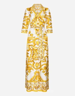 Silk twill robe with majolica print