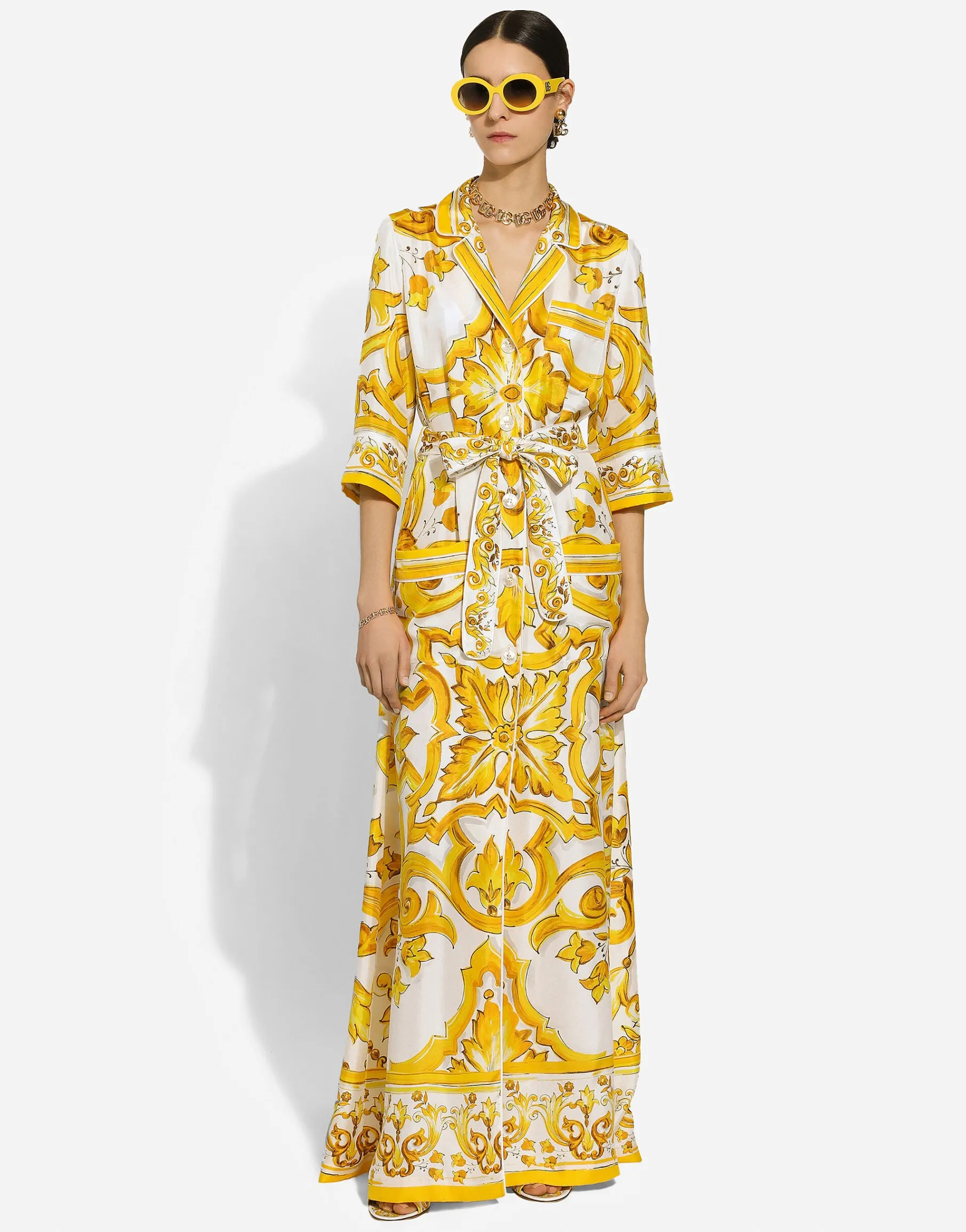 Silk twill robe with majolica print