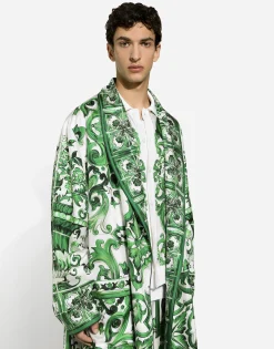 Silk twill robe with majolica print