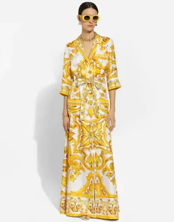 Silk twill robe with majolica print