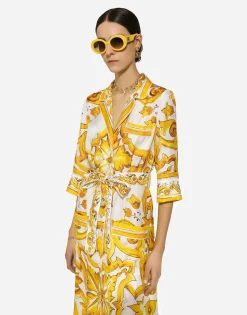 Silk twill robe with majolica print