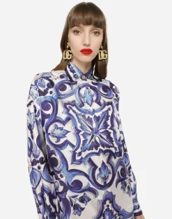 Silk twill shirt with majolica print