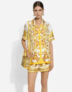 Silk twill shorts with majolica print