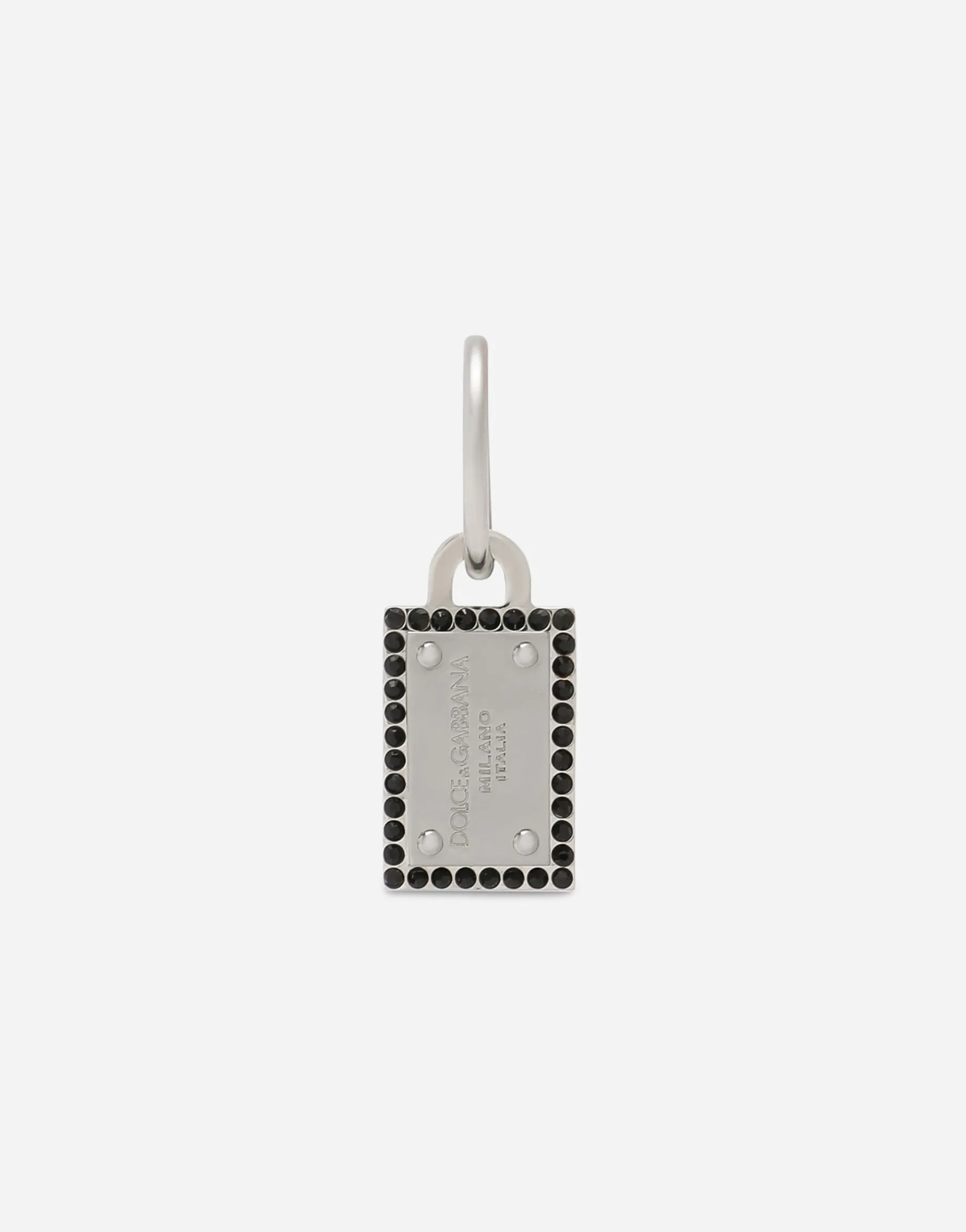 Single Creole earring with logo tag and rhinestones