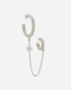 Single rhinestone-detailed Creole earring with chain accent
