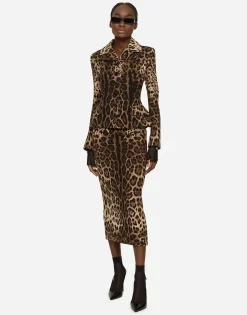 Single-breasted double crepe jacket with leopard print