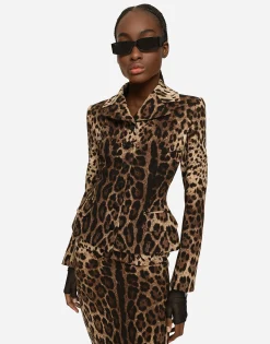 Single-breasted double crepe jacket with leopard print