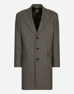 Single-breasted herringbone wool jersey coat