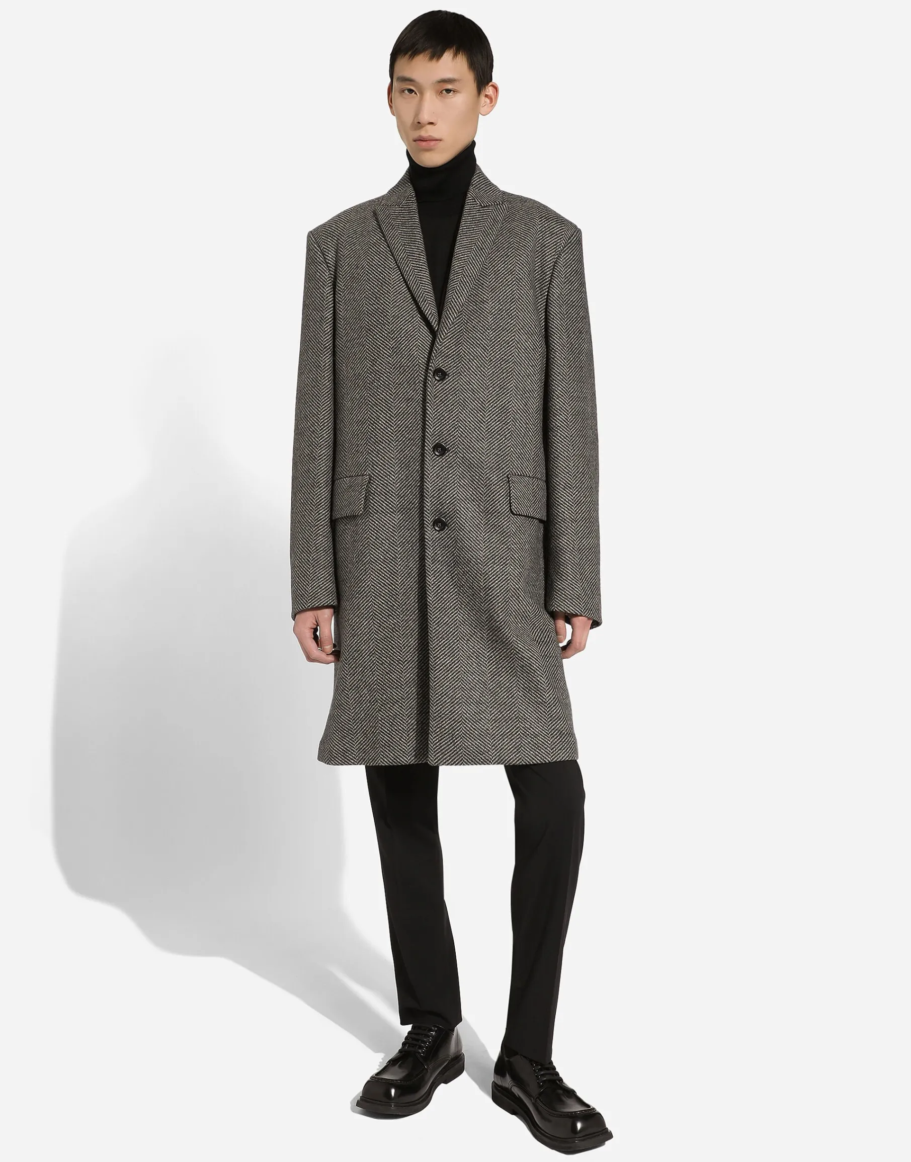 Single-breasted herringbone wool jersey coat