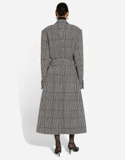 Single-breasted houndstooth check coat with belt
