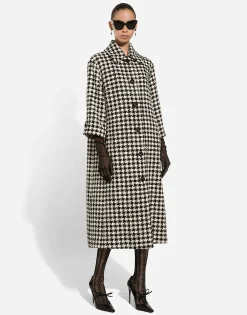 Single-breasted macro-houndstooth wool coat