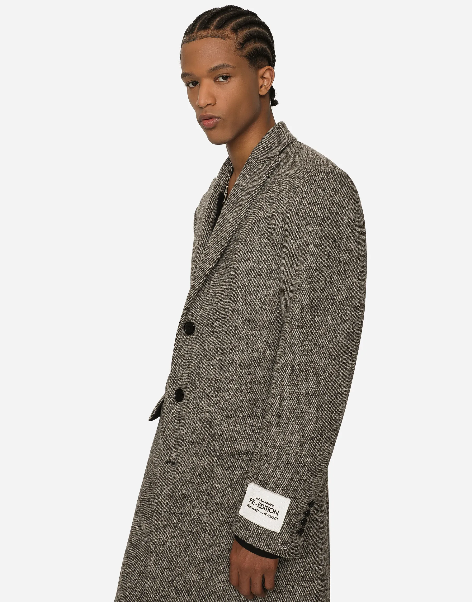 Single-breasted melange diagonal-weave wool coat