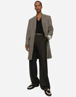 Single-breasted melange diagonal-weave wool coat