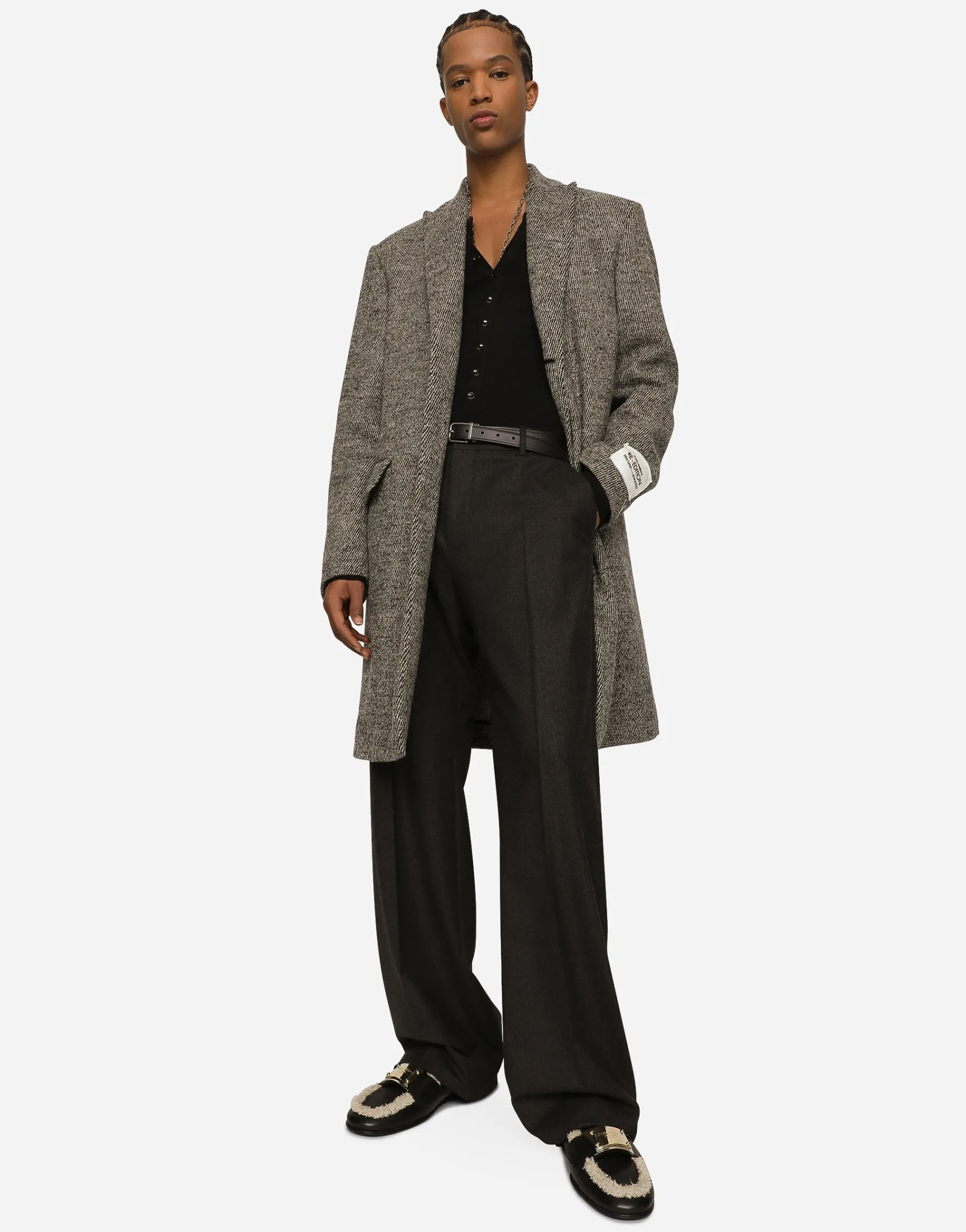 Single-breasted melange diagonal-weave wool coat