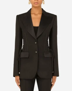 Single-breasted tuxedo gabardine jacket with lacing