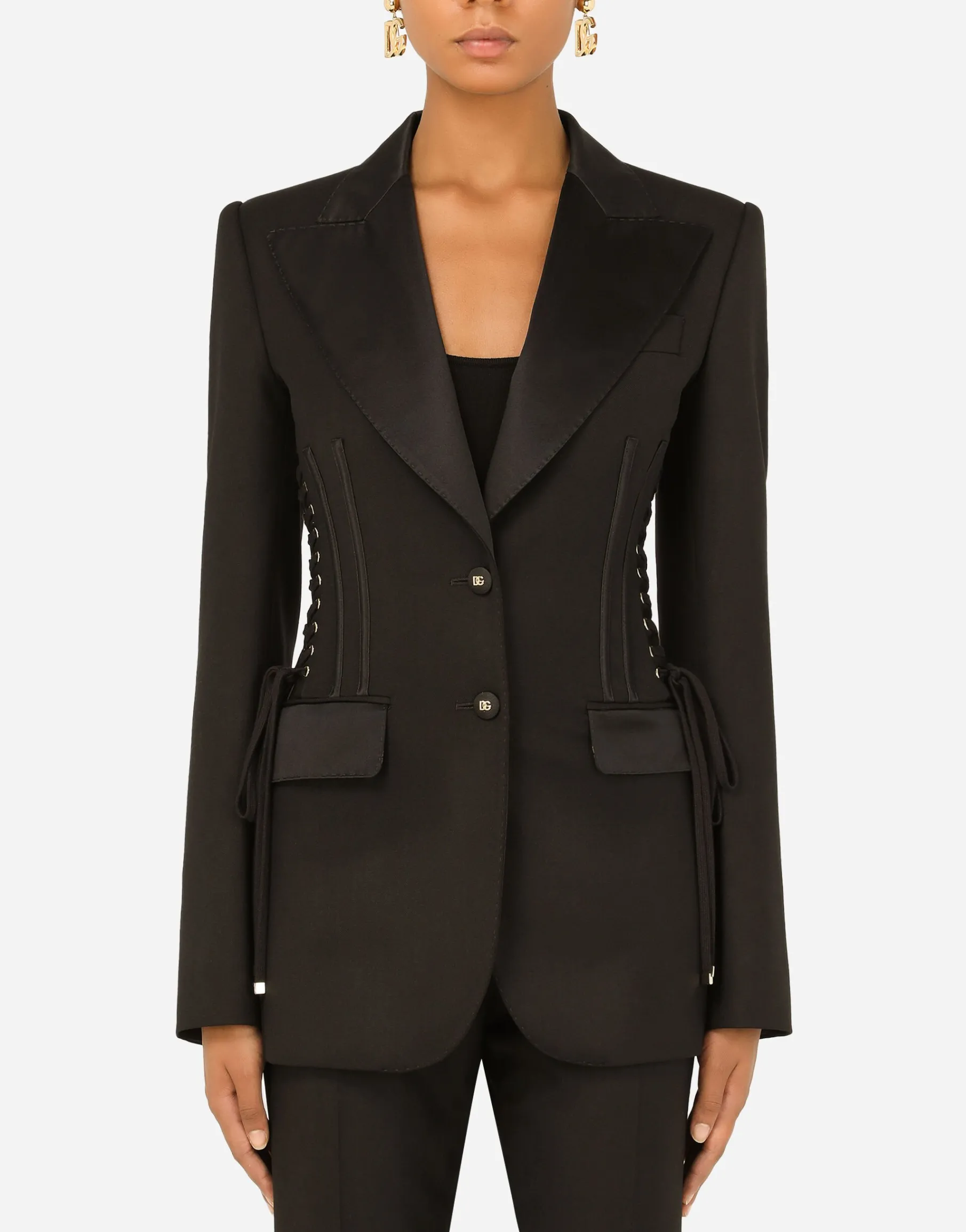 Single-breasted tuxedo gabardine jacket with lacing