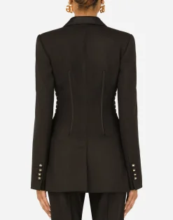 Single-breasted tuxedo gabardine jacket with lacing