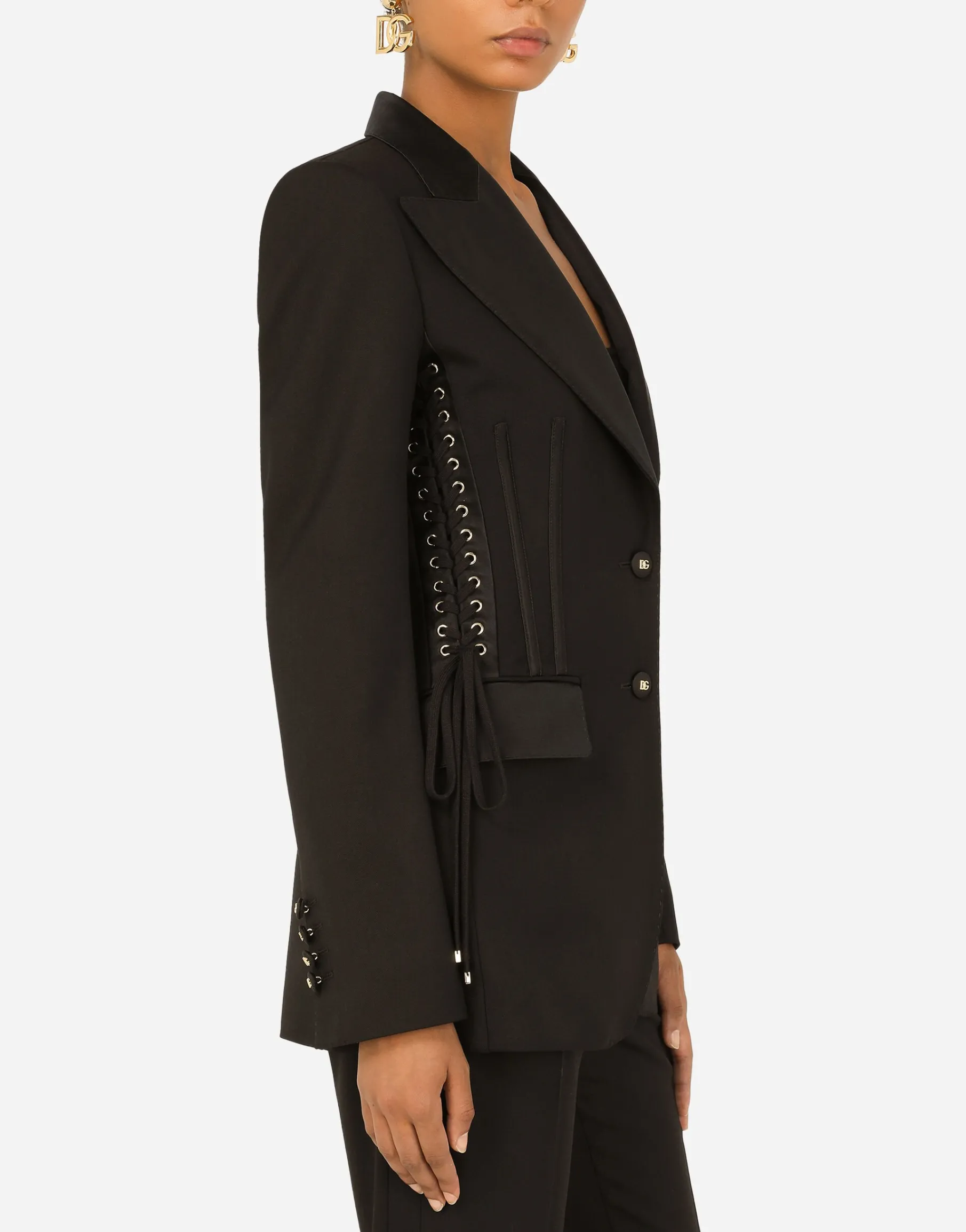 Single-breasted tuxedo gabardine jacket with lacing