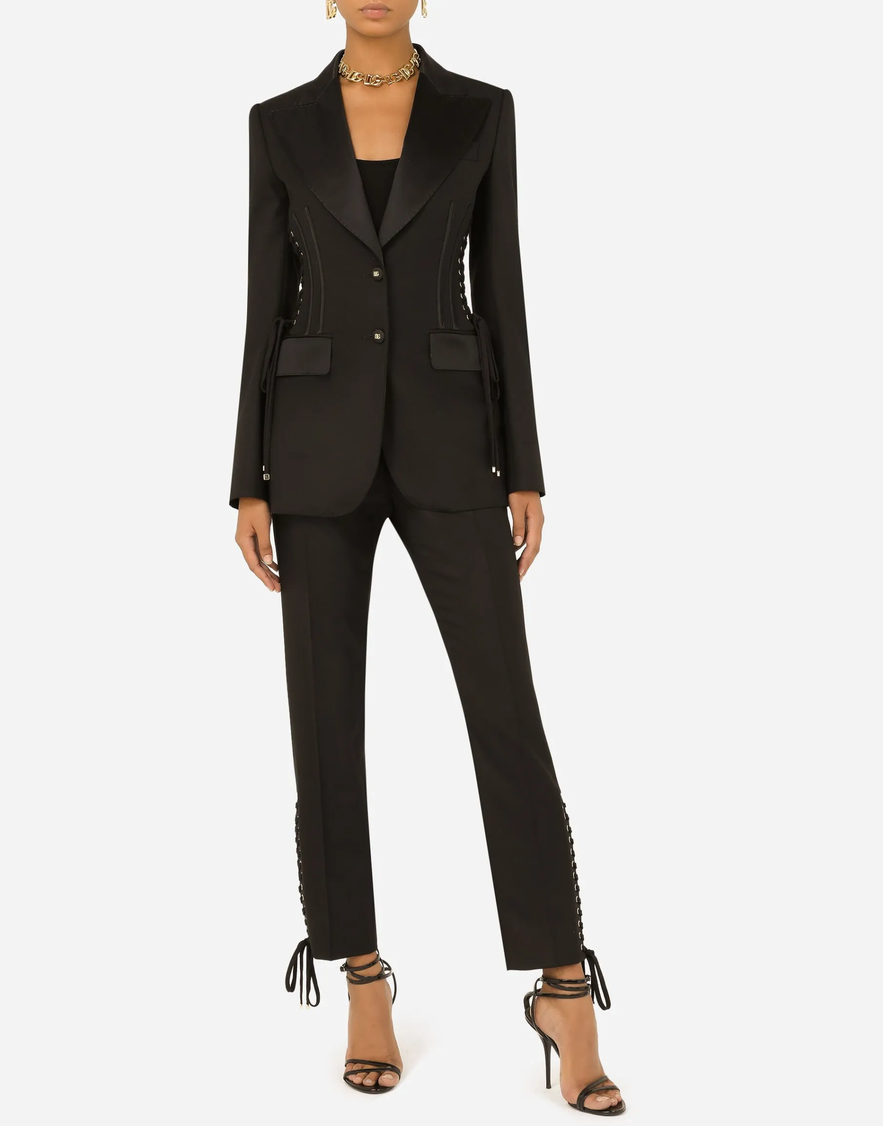 Single-breasted tuxedo gabardine jacket with lacing