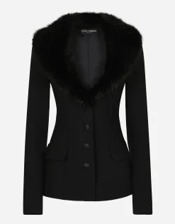 Single-breasted wool jacket with faux fur collar