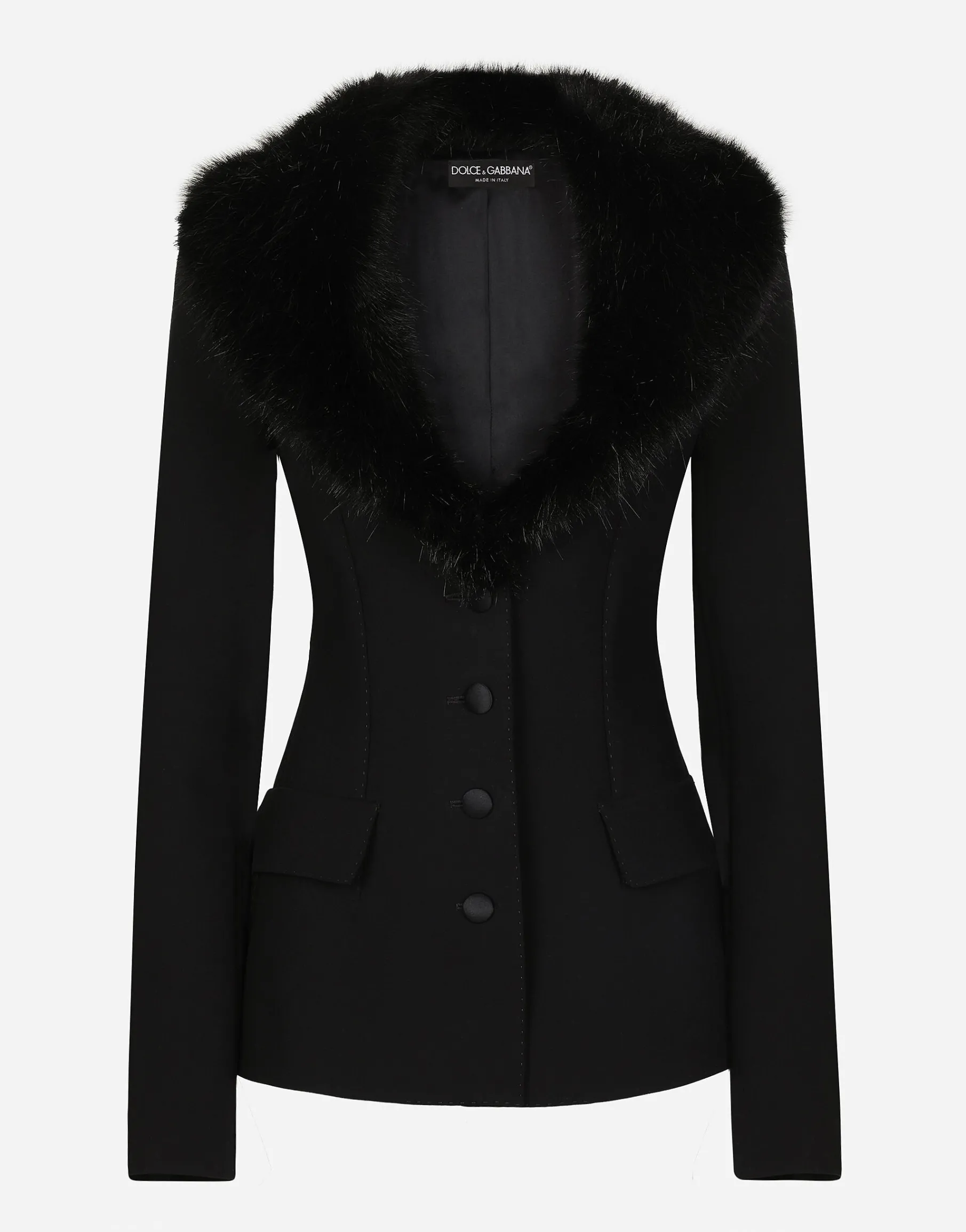 Single-breasted wool jacket with faux fur collar