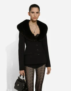 Single-breasted wool jacket with faux fur collar