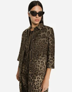 Single-breasted wool jacquard coat with leopard design
