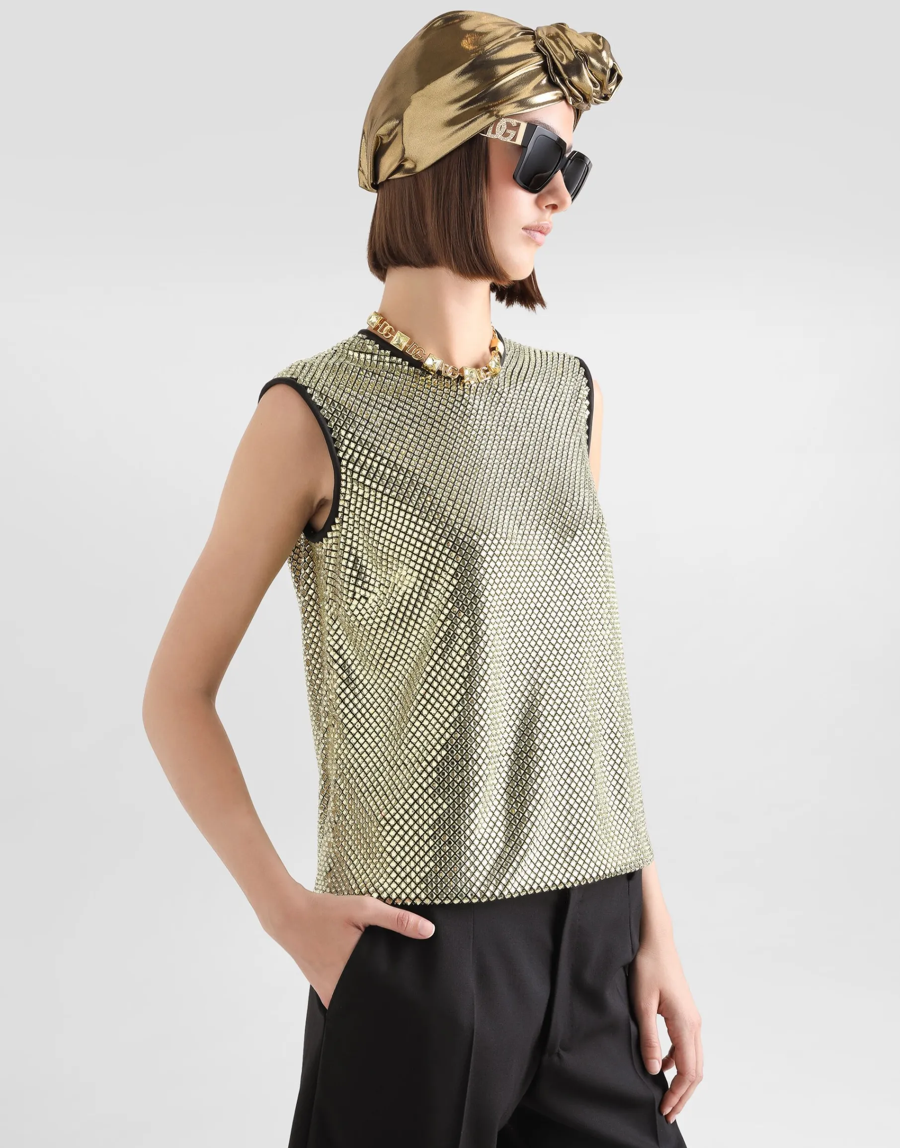 Sleeveless blouse in crystal mesh