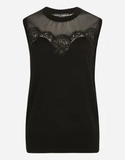 Sleeveless cashmere and silk sweater with lace