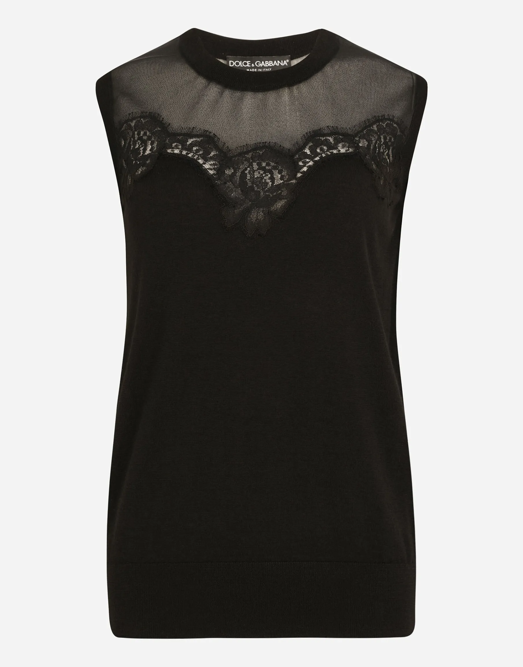 Sleeveless cashmere and silk sweater with lace