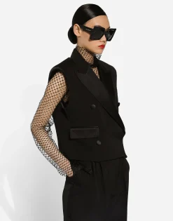 Sleeveless double-breasted wool gabardine tuxedo jacket