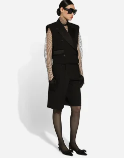 Sleeveless double-breasted wool gabardine tuxedo jacket