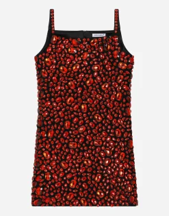 Sleeveless dress with fusible rhinestones