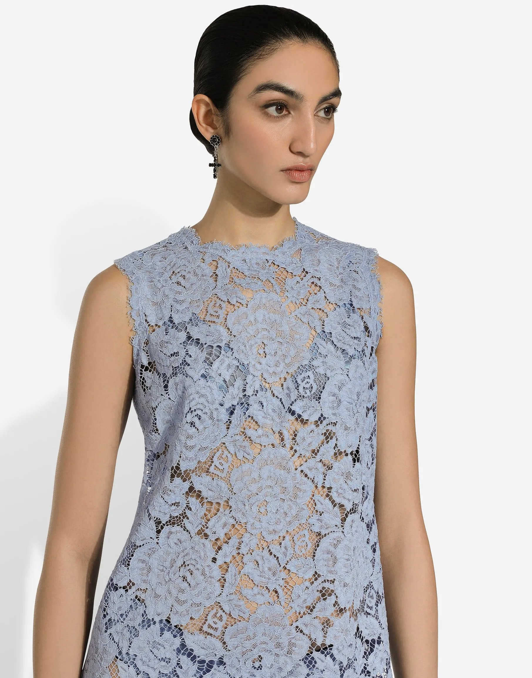 Sleeveless floral lace A-line dress with DG logo