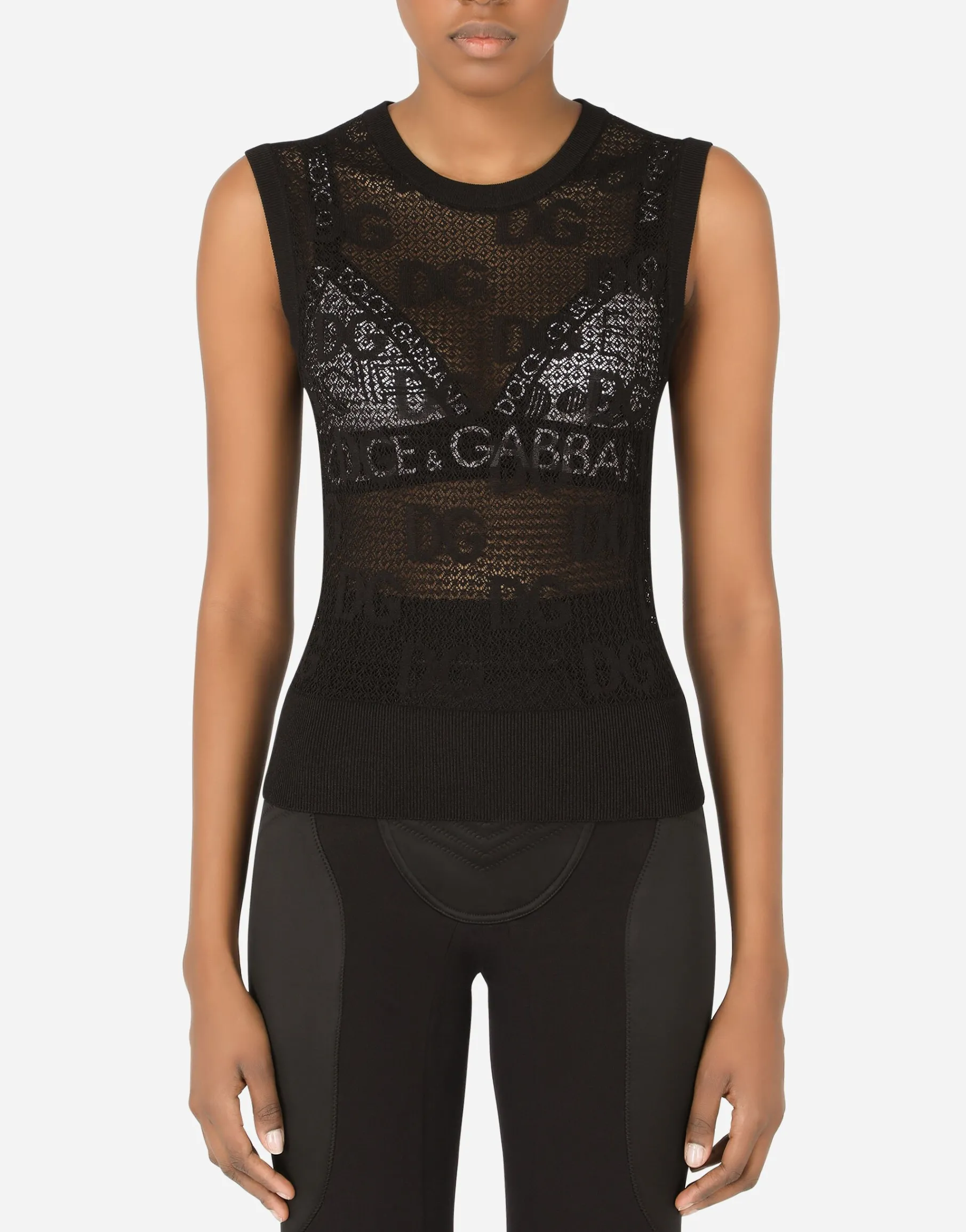 Sleeveless lace-stitch sweater with DG logo