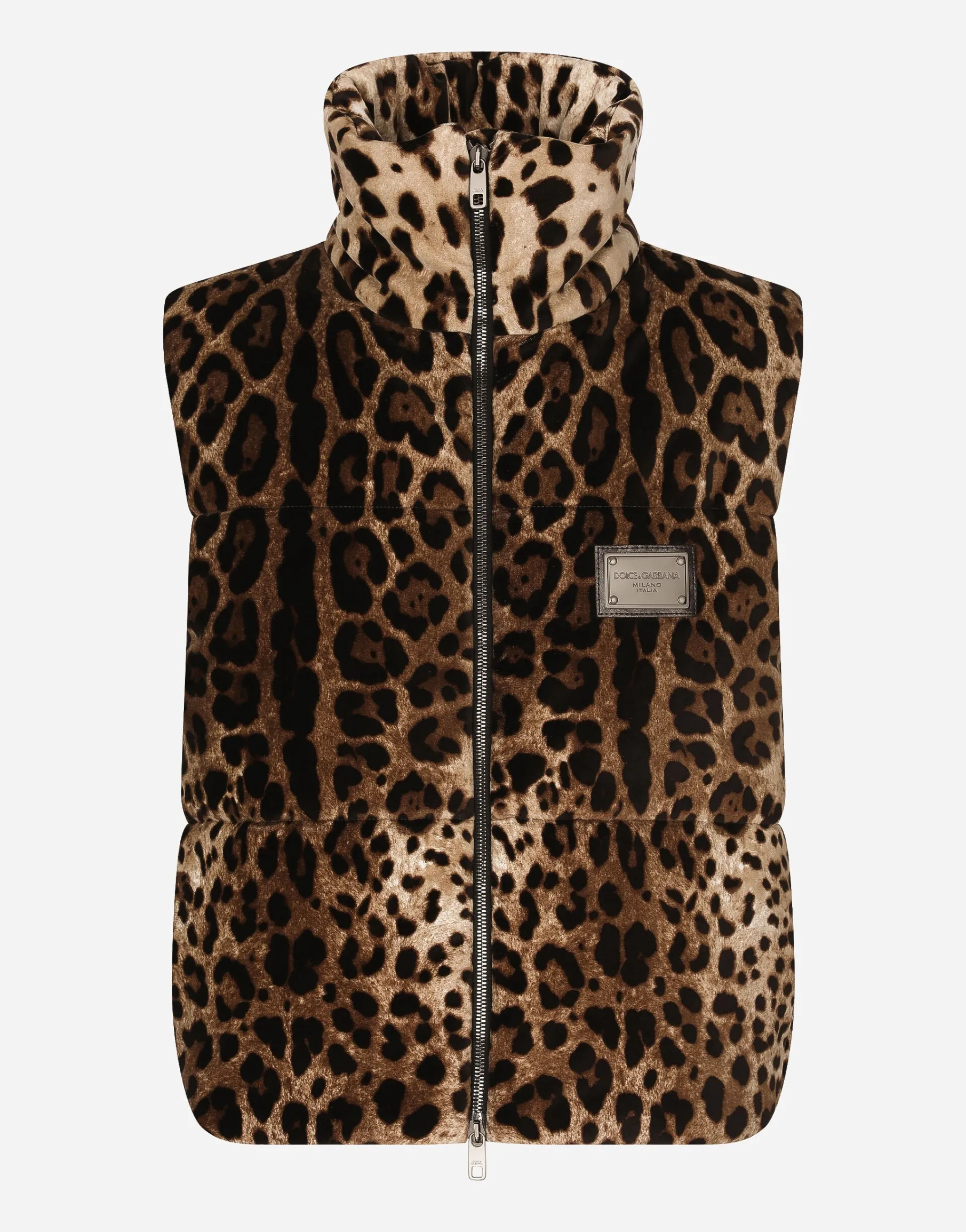 Sleeveless leopard-print jacket with logo tag
