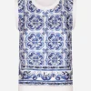 Sleeveless silk and twill sweater with majolica print
