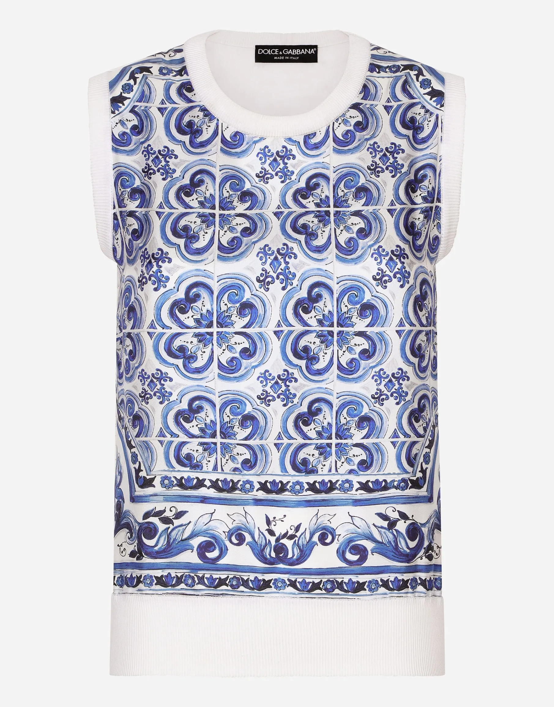 Sleeveless silk and twill sweater with majolica print