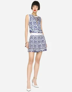 Sleeveless silk and twill sweater with majolica print